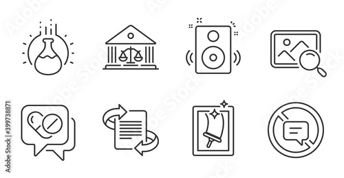 Search photo, Speakers and Marketing line icons set. Stop talking, Chemistry experiment and Court building signs. Medical drugs, Window cleaning symbols. Find image, Sound, Article. Vector