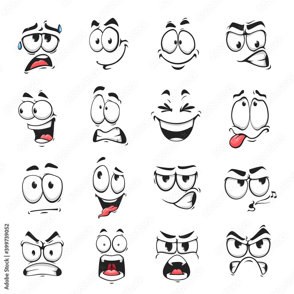 Face expression isolated vector icons, funny cartoon emoji sweating,  whistle and yelling, angry, happy or laughing or sad. Facial feelings,  emoticons grit teeth, show tongue. Cute face expressions set Stock Vector |