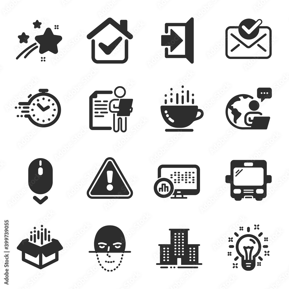 Set of Business icons, such as Job interview, Open box, Face recognition symbols. Coffee cup, Idea, Report statistics signs. Scroll down, Bus, University campus. Exit, Approved mail, Timer. Vector Set of Business icons, such as Job interview, Open box, Face recognition symbols. Coffee cup, Idea, Report statistics signs. Scroll down, Bus, University campus. Exit, Approved mail, Timer. Vector