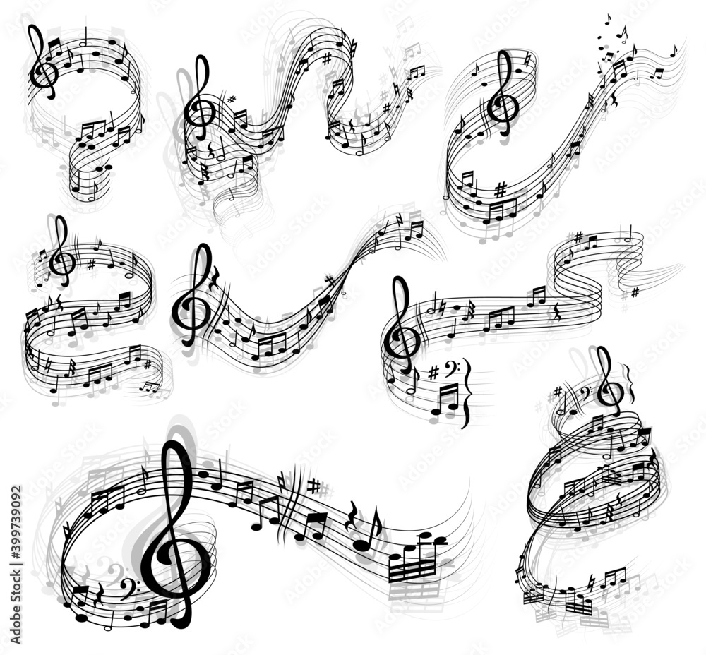 Music notes vector set with swirls and waves of musical staff or stave, treble and bass clefs, sharp and flat tones, rest symbols and bar lines. Sheet music design with musical notation symbols - obrazy, fototapety, plakaty 