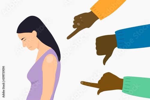 Bullying or humiliation at school or college. Stop social bullying concepts. Fingers pointing on the sad young girl. Sexual harassment and bullying over upset and depressed woman. Stop racism. 