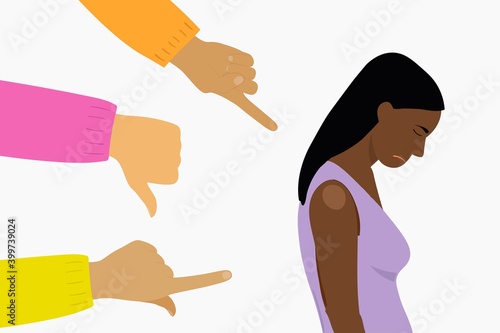 Bullying or humiliation at school or college. Stop social bullying concepts. Fingers pointing on the sad young girl. Sexual harassment and bullying over upset and depressed woman. Stop racism. 
