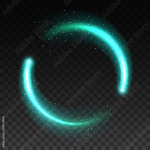 Light circle sparkles, round ring or glow frame vector, shine effect of green blue or turquoise. Light circle glow isolated on transparent background, shiny neon flare and glossy translucent ring