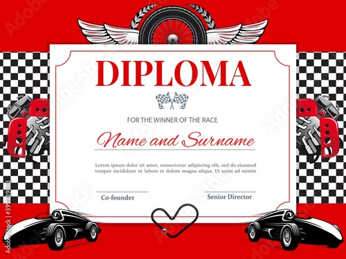 Certificate, car races and speed winner diploma, vector sport motocross rally award. Car racing certificate template with tire or tyre frame background, kart and motorsport races wheel with wings