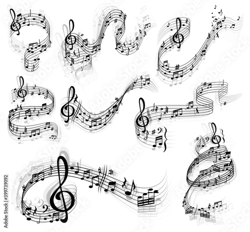 Music notes vector set with swirls and waves of musical staff or stave, treble and bass clefs, sharp and flat tones, rest symbols and bar lines. Sheet music design with musical notation symbols photo