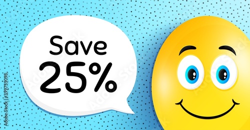 Save 25 percent off. Easter egg with smile face. Sale Discount offer price sign. Special offer symbol. Easter smile character. Discount speech bubble. Yellow egg background. Vector