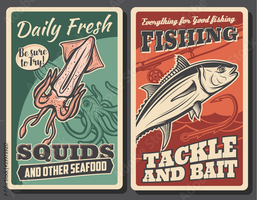 Fresh seafood and fisher tackle store banner. Sea squid or cuttlefish catch, tuna fish and angling rod with hook vector. Fishing equipment and baits shop retro advertising posters