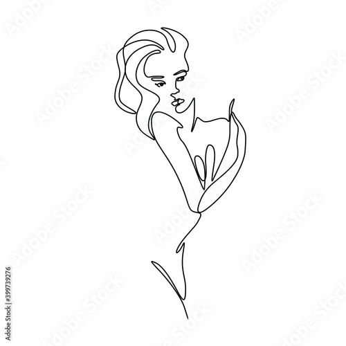 Woman body abstract silhouette, continuous line drawing, small tattoo, print for clothes, emblem or logo design for spa or beauty salon, cosmetics, isolated vector illustration.