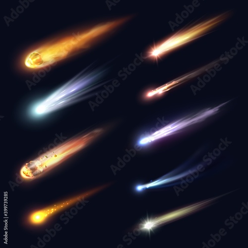 Space meteors, comets and asteroids with fire trails realistic vector design. 3d meteorite fireball and star space objects falling down with glowing gas and dust tails, galaxy and astronomy science photo