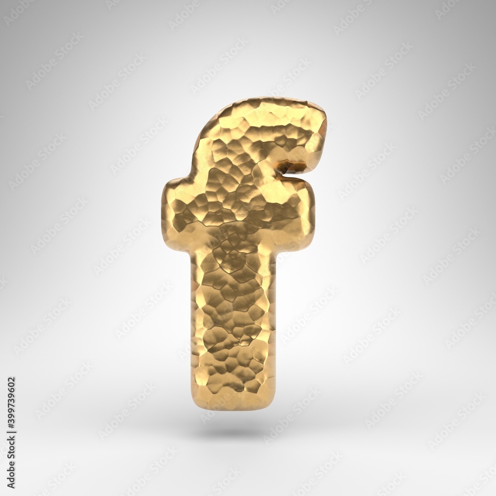 Letter F lowercase on white background. Hammered brass 3D letter with shiny metallic texture.