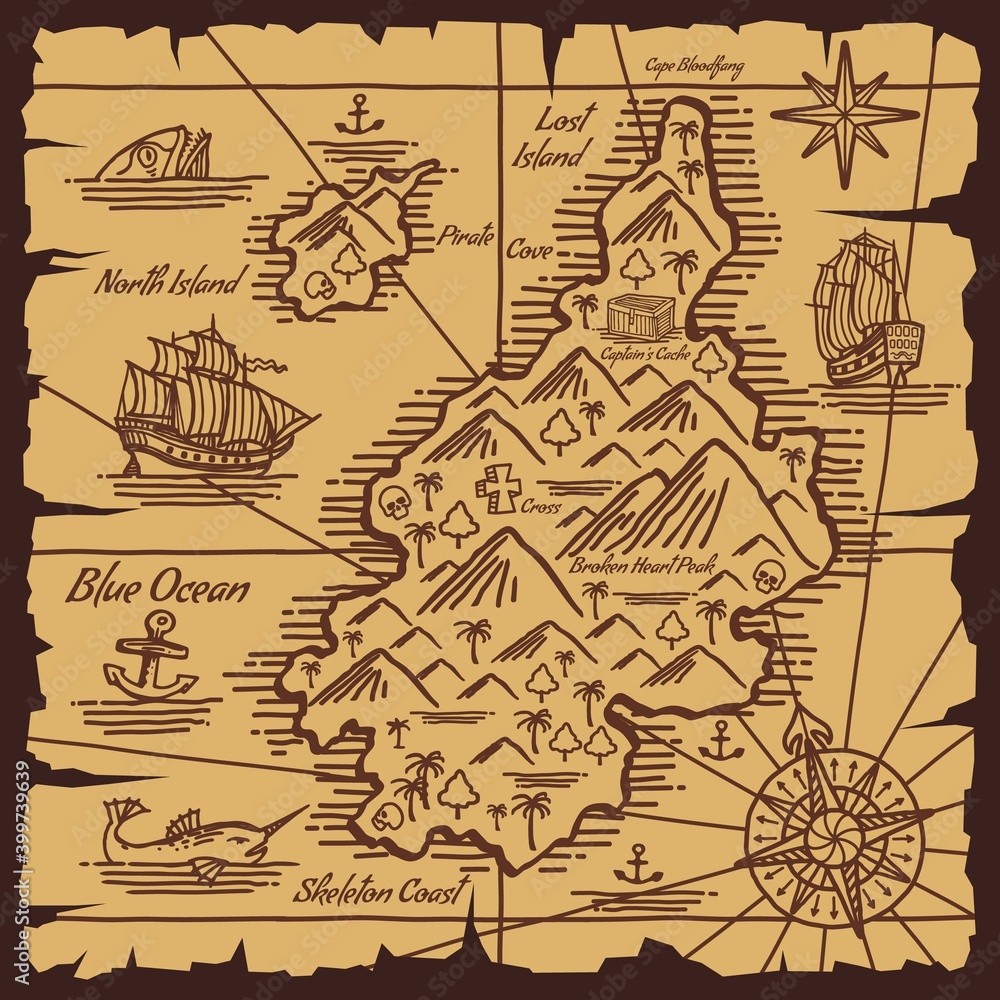 Cute Pirates Treasure Map Lots Icons Stock Vector (Royalty Free) 1874676976  | Shutterstock