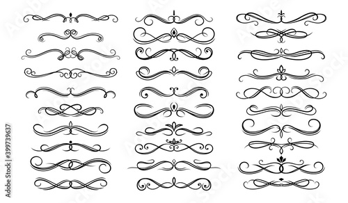 Dividers, borders and frame lines vector set with floral ornaments, victorian flourishes. Divider borders with ornate flowers, vintage vignette scrolls, swirls and fleur de lis calligraphy decorations
