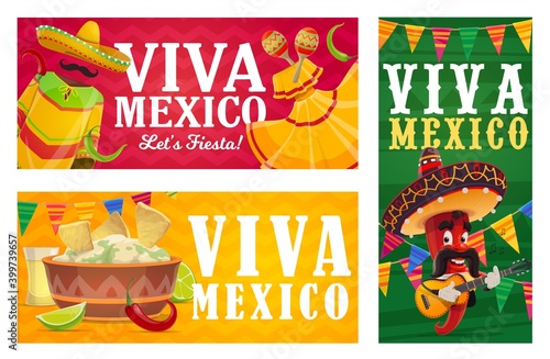 Viva Mexico vector banners with Mexican fiesta party food, chilli pepper character and sombreros. Avocado guacamole, nachos, tequila and lime, mariachi hats, maracas, guitar and festive flag garland