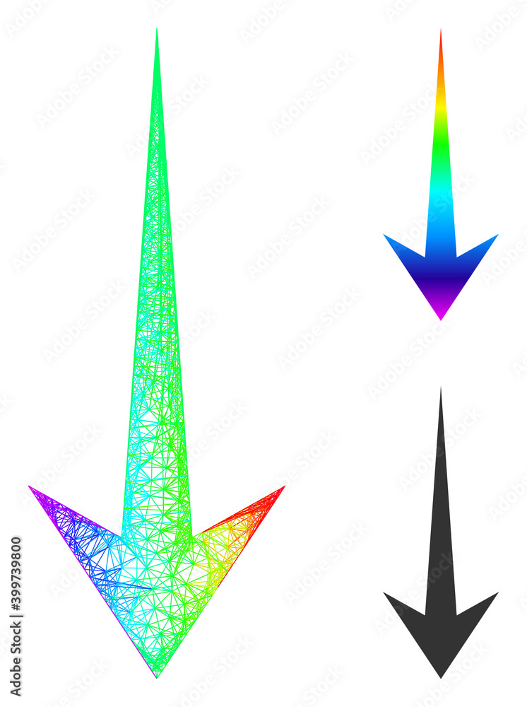 Spectral colorful net mesh arrow down, and solid spectral gradient arrow down icon. Hatched carcass 2D net geometric symbol based on arrow down icon, generated with crossing lines. Spectral colorful net mesh arrow down, and solid spectral gradient arrow down icon. Hatched carcass 2D net geometric symbol based on arrow down icon, generated with crossing lines.