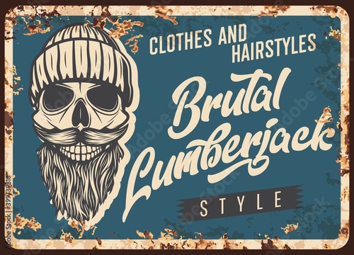 Lumberjack skull with beard, metal rusty plate or retro poster, vector. Lumber jack hipster man vintage clothes store or hairstyle barbershop metal sign plate rust, skull in knitted hat with mustaches