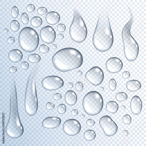 Water drops on transparent background. Realistic vector droplet of clear liquid, aqua bubble, pure rain drizzle and dew, condensation drip, raindrop and water spray isolated objects, nature design