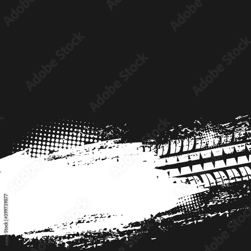Tire tracks of bike wheel, motorcycle trail print on road, vector grunge truck tyre halftone. Motocross, truck tire or car tyre tracks in dirt mus, white on black, rally races rubber tread marks