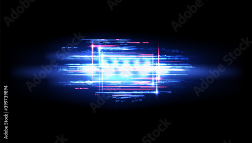 Neon glitch flare and digital noise vector background with blue and pink lights pixel mosaic. TV or computer screen with futuristic shapes and glowing lines pattern of television no signal effects