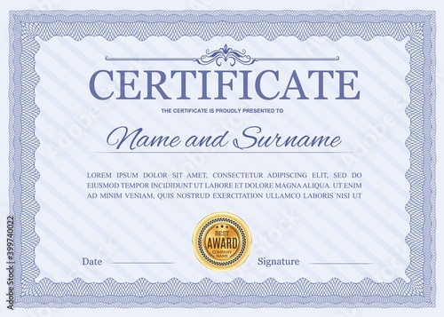 Certificate vector template, diploma border with blue ornate design. Official award frame, paper document for winner appreciation or graduation with golden seal stamp and place for name and surname