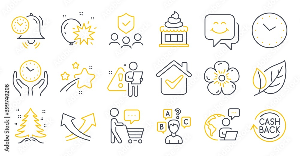 Set of Business icons, such as Cashback, Safe time, Christmas tree symbols. People insurance, Time management, Ice cream signs. Natural linen, Smile face, Quiz test. Leaf, Balloon dart. Vector Set of Business icons, such as Cashback, Safe time, Christmas tree symbols. People insurance, Time management, Ice cream signs. Natural linen, Smile face, Quiz test. Leaf, Balloon dart. Vector