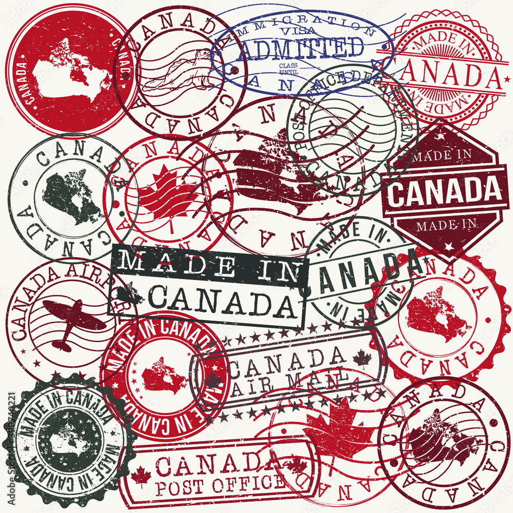 Canada Set of Stamps Map. Travel Passport Stamp. Made In Product. Design Seals Old Style Insignia. Icon Clip Art Vector.