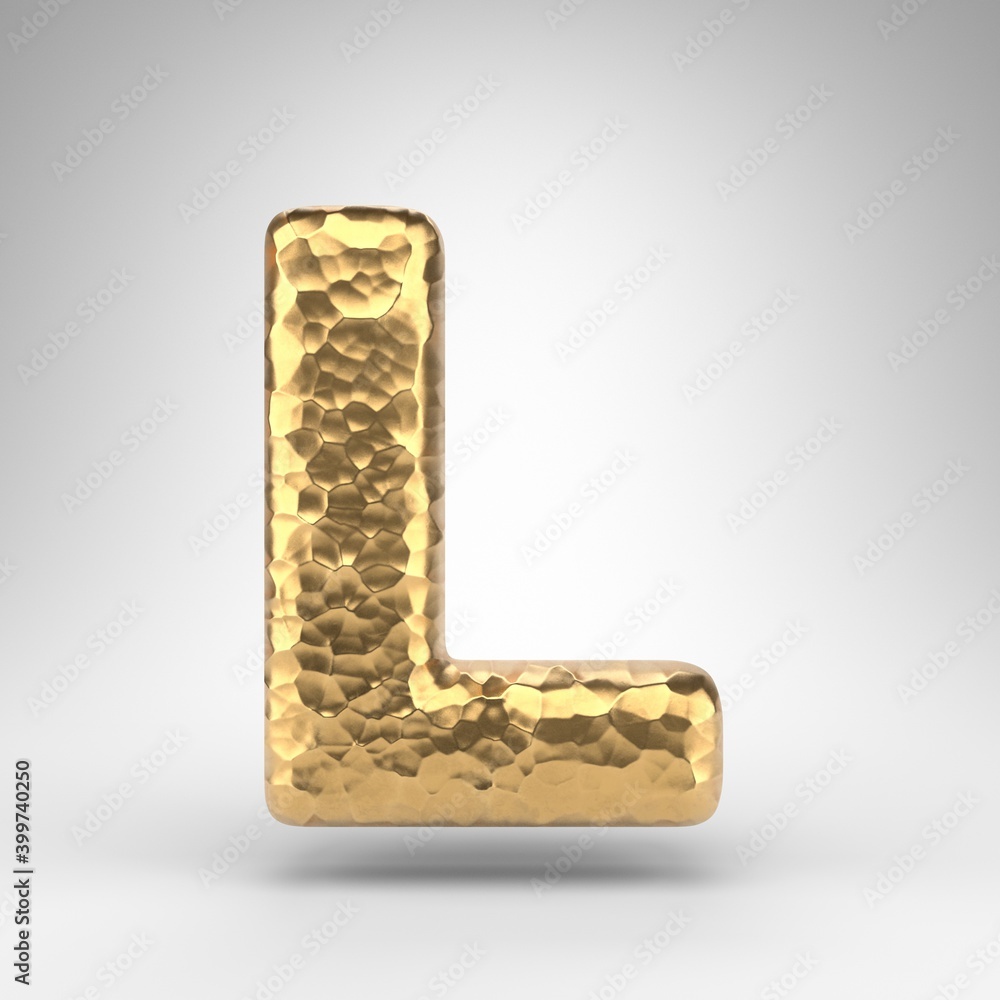 Letter L uppercase on white background. Hammered brass 3D letter with shiny metallic texture. Letter L uppercase on white background. Hammered brass 3D letter with shiny metallic texture.