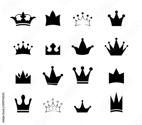 Set black sign crown. Design modern logos king crown for Business. Vector logotype isolated on white background.