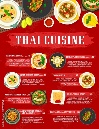 Thai cuisine vector cashew chicken gai pad med mamuang, fried spring rolls and, fish ginger or prawn vegetable soup with pineapple ice cream. Tom yum soup, eggplant salad with duck Thailand food meals