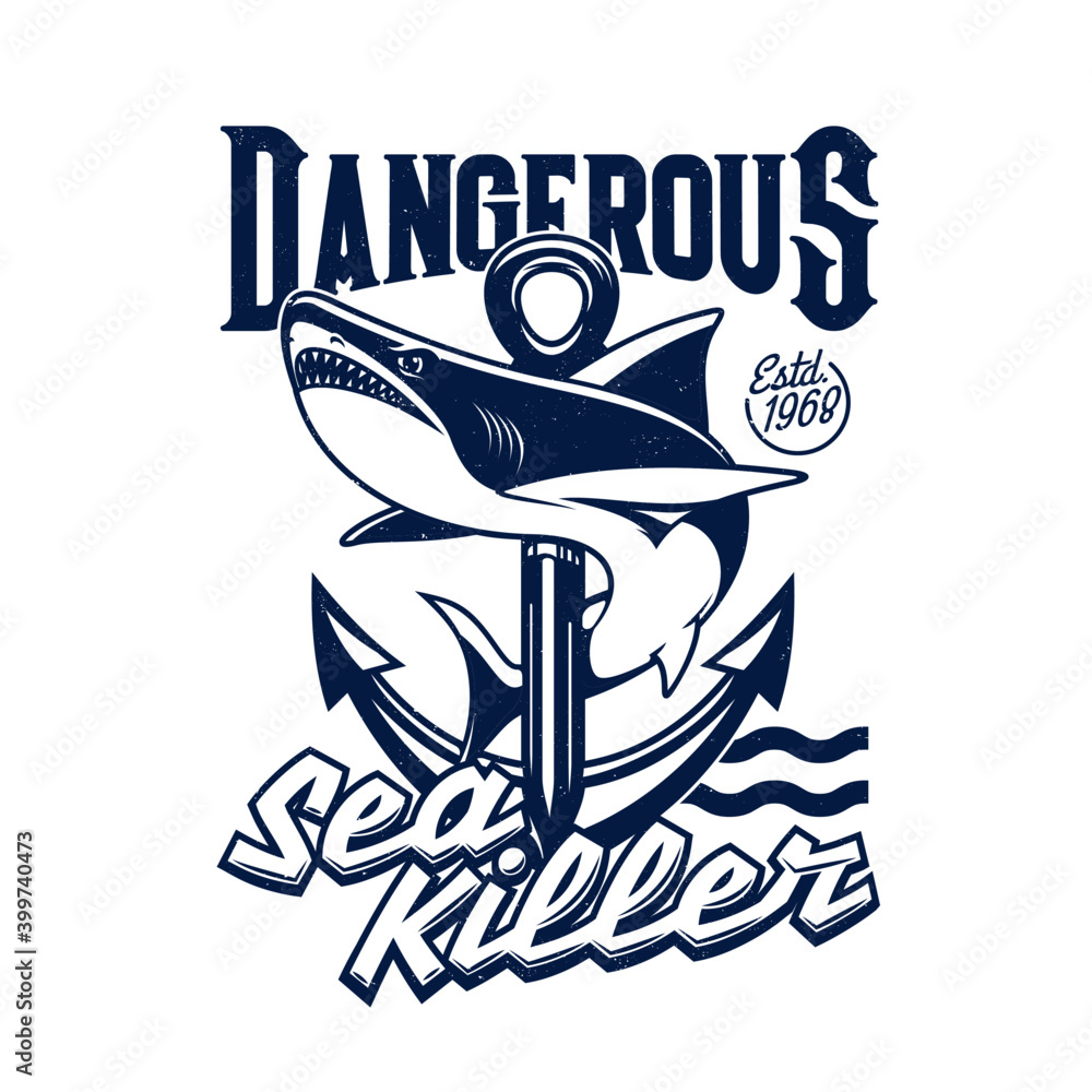 Shark and sea ship anchor t-shirt print mockup, vector fishing sport. Ocean predatory animal with blue waves and sailing boat nautical anchor badge, custom apparel template of fisher club Shark and sea ship anchor t-shirt print mockup, vector fishing sport. Ocean predatory animal with blue waves and sailing boat nautical anchor badge, custom apparel template of fisher club