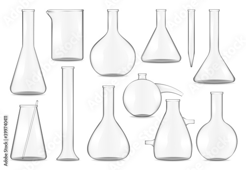 Glass test tubes, chemistry flasks and beakers realistic isolated 3d vector mock up. Transparent empty glassware of different shapes for chemical or medical laboratory experiments, test tubes template