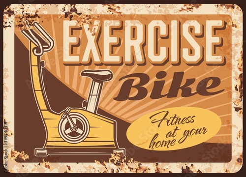 Exercise bike rusty metal plate, vector promo for home or gym fitness training, apparatus machine, cardio workout workout equipment, bicycle sport device vintage rust tin sign retro ferruginous poster
