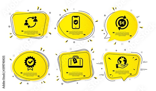 Money currency, Certificate and Hand baggage icons simple set. Yellow speech bubbles with dotwork effect. Phone protection, User communication and Save planet signs. Vector