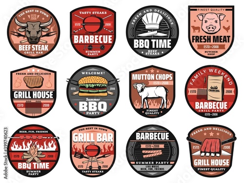 Barbecue party, grill bar and picnic hamburgers vector icons of charcoal fire flame. BBQ cheeseburger, sausage and meat steak of pork, mutton and beef, barbecue summer party and grill house restaurant