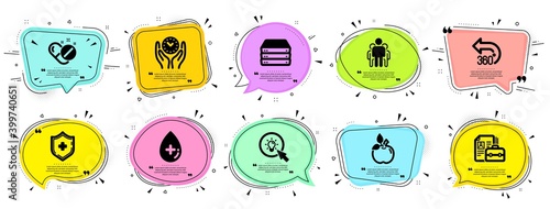 Science icons set. Speech bubble offer banners. Vector coupon badge. Included icon as Servers, Oil serum, Medical pills signs. Energy, Eco food, Group symbols. Vector