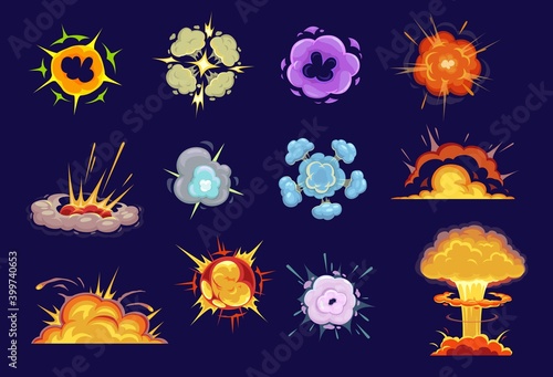 Bomb explosion isolated vector icons. Cartoon dynamite danger explosive detonation and atomic comics clouds. Detonators for mobile game animation, boom effect and smoke elements for game design set