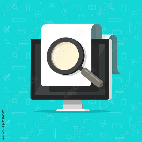 Digital electronic document inspection review, online search or find via magnifier glass on computer pc screen vector flat cartoon, fraud assessment control idea, file review analyze evaluation modern