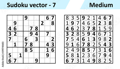 Sudoku game with answers. Simple vector design set Sudoku. Blank template. Complexity of the task is medium.