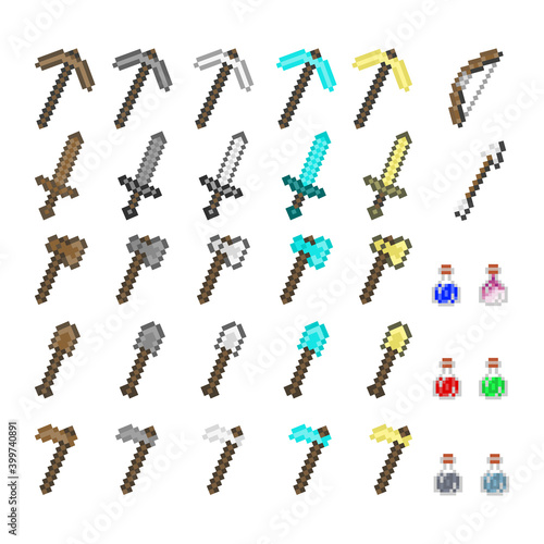 Pixel video game Weapons and Tools Items - Vector Set