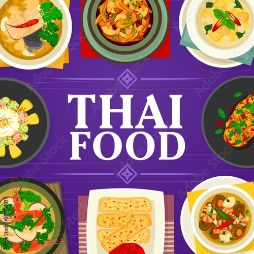 Thai food vector tom yum soup, fish ginger soup and cashew chicken gai pad med mamuang. Prawn vegetable soup, pineapple ice cream or eggplant salad with duck and green chicken curry, Thailand meals