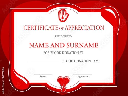 Blood donation charity certificate, donor day heart and helping hand, vector diploma template. Donate blood, save life and healthcare charity campaign, appreciation certificate for blood donation