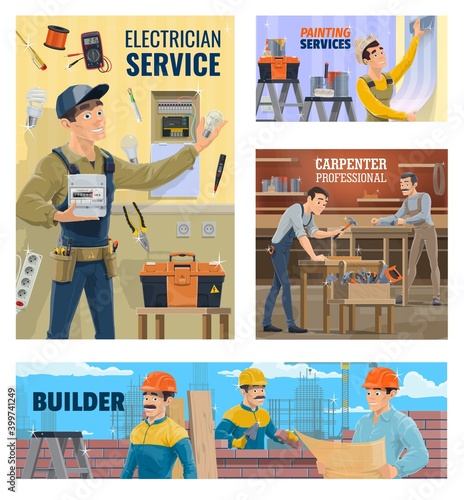 Electrician and painting service, builder and carpenter banner. Electrician installing energy meter, worker wallpapering room and carpenters working in workshop, builders on construction site vector