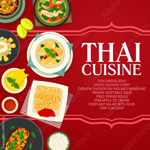 Thai cuisine vector pineapple ice cream, fish ginger soup and cashew chicken gai pad med mamuang with green chicken curry. Fried spring rolls, tom yum soup and eggplant salad with duck Thailand food