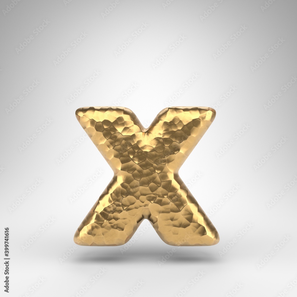 Letter X lowercase on white background. Hammered brass 3D letter with shiny metallic texture. Letter X lowercase on white background. Hammered brass 3D letter with shiny metallic texture.