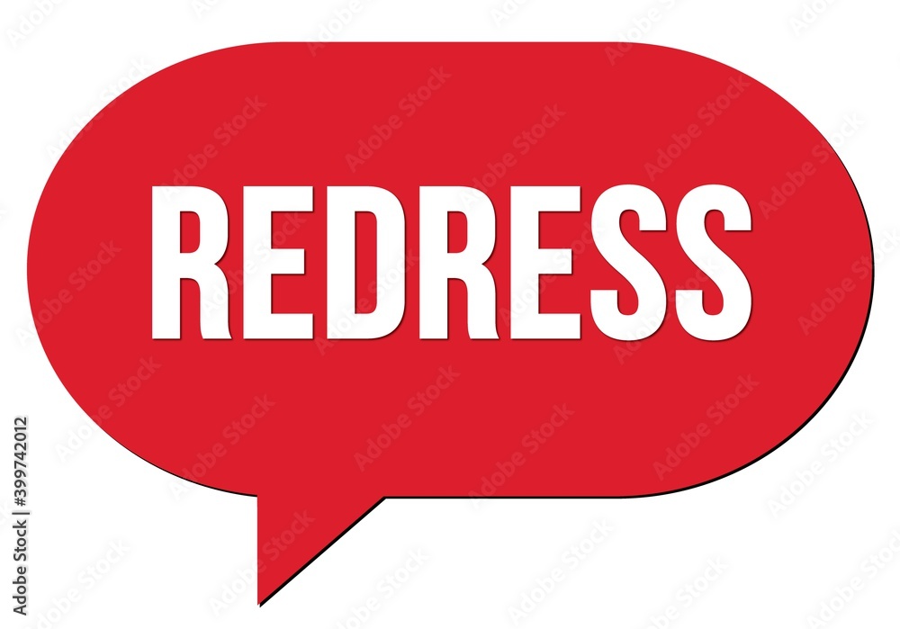 REDRESS text written in a red speech bubble REDRESS text written in a red speech bubble