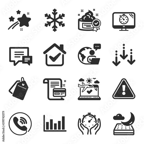Set of Business icons, such as Sale tags, Scroll down, Night mattress symbols. Column chart, Seo timer, Airplane travel signs. Comment, Payment card, Snowflake. Call center, Timer, Cream. Vector