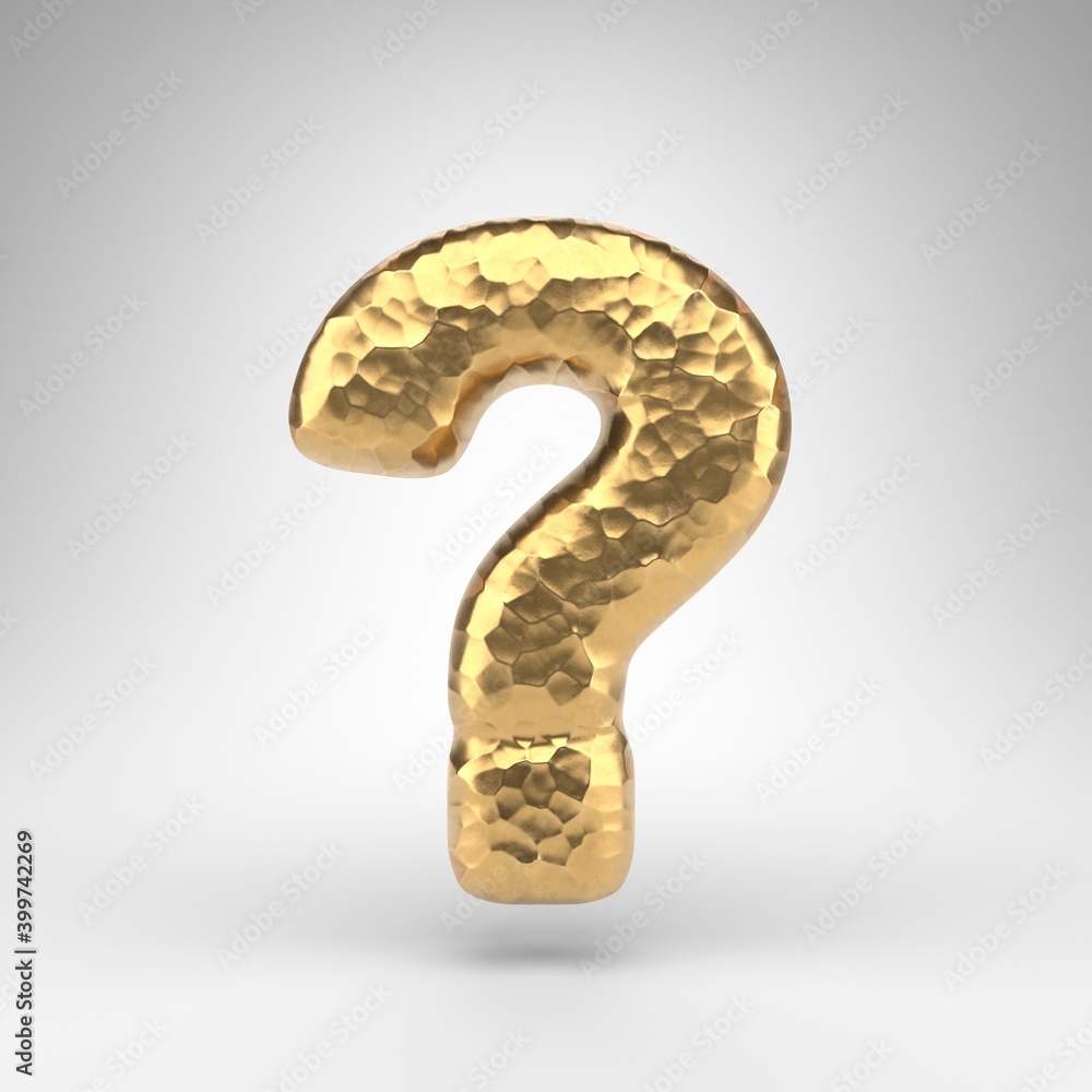 Question symbol on white background. Hammered brass 3D sign with shiny metallic texture. Question symbol on white background. Hammered brass 3D sign with shiny metallic texture.
