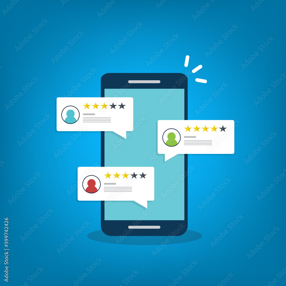 Review rating online on a smartphone. Customer feedback testimonials. Digital reviews stars with good and bad rate experience. Review rating online on a smartphone. Customer feedback testimonials. Digital reviews stars with good and bad rate experience.