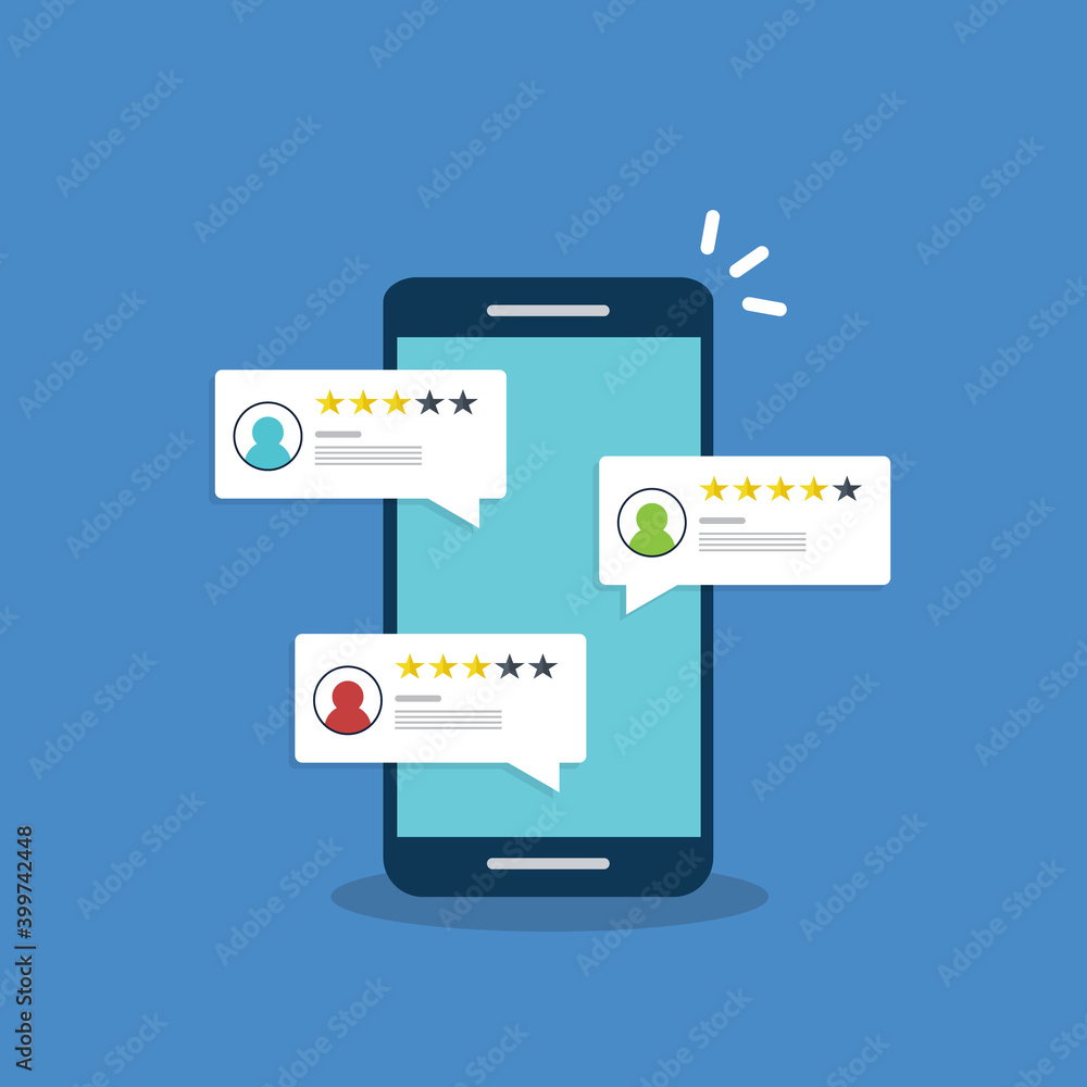 Review rating online on a smartphone. Customer feedback testimonials. Digital reviews stars with good and bad rate experience.