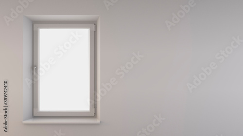 Single-leaf closed window on a white wall. Abstract aerial light illustration for brochures  web design. 3d rendering for your artwork