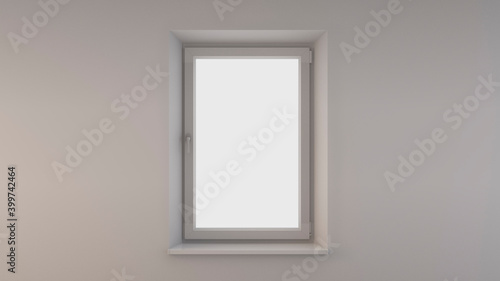 Single-leaf closed window on a white wall. Abstract aerial light illustration for brochures, web design. 3d rendering for your artwork